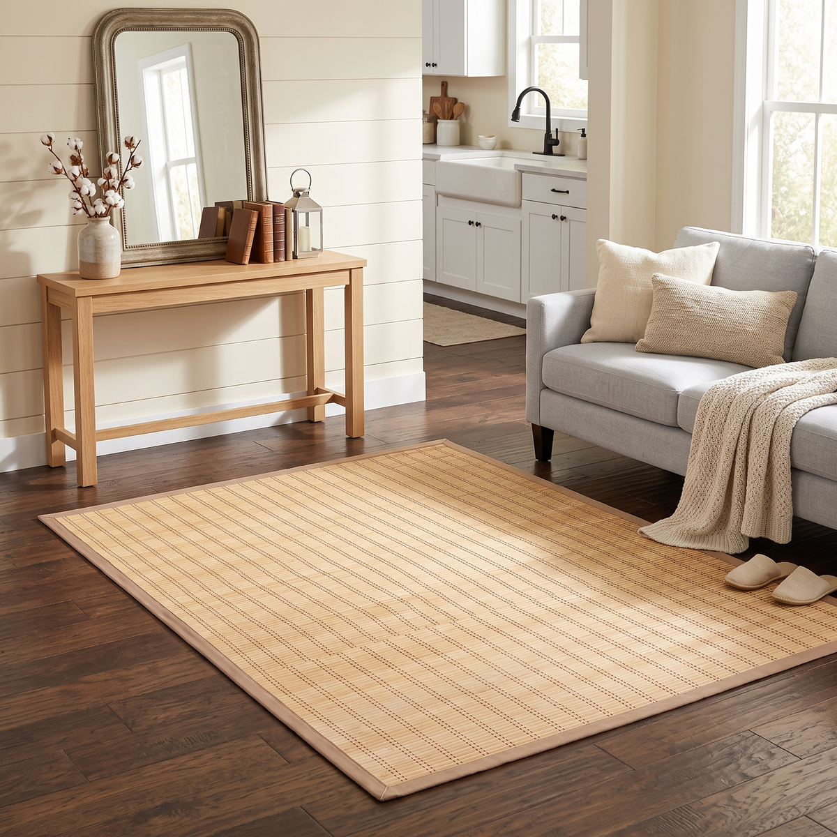 Bamboo Artisan Slat Area Rug (5' x 8') – Natural Wood Floor Mat with Heavy Canvas Border