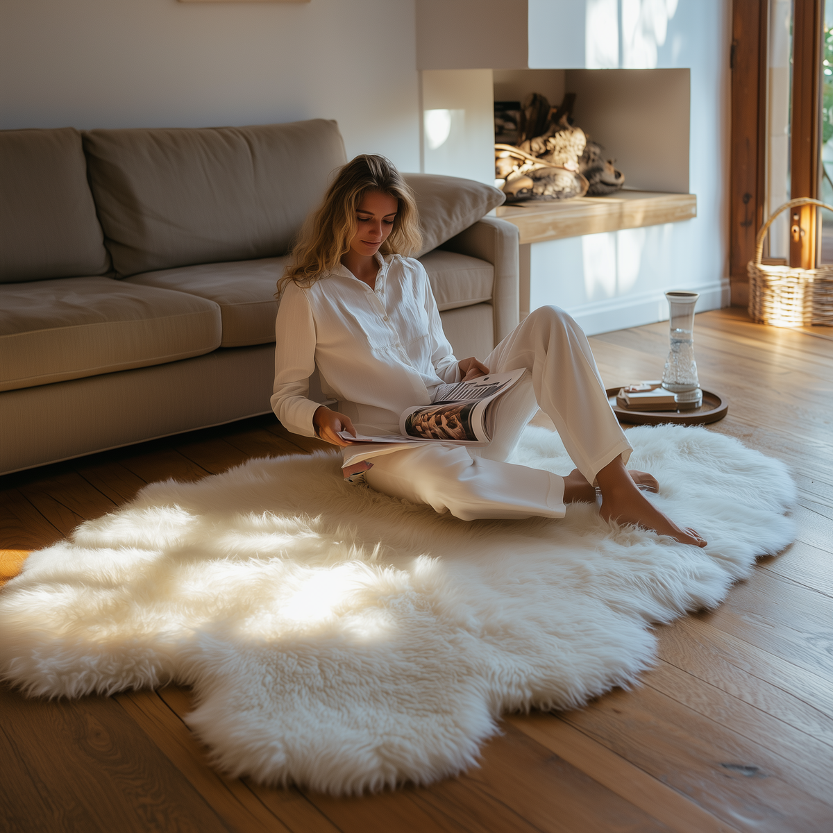 Quad Natural Premium New Zealand Sheepskin Rug & Throw, W4' x L6', Ivory